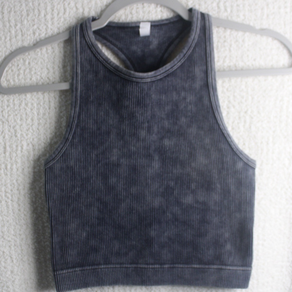 PreLoved Black Sz (S/M) Zenana acid Washed High Neck Racerback Crop Top Brami